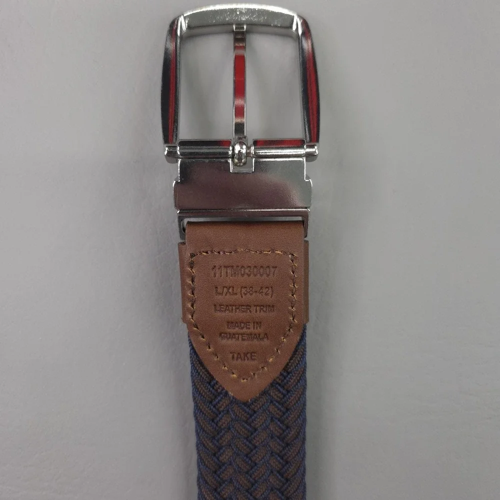 Tommy Bahama Belt Mens 38-42 Blue Braided Stretch Web Leather Trim Silver Buckle